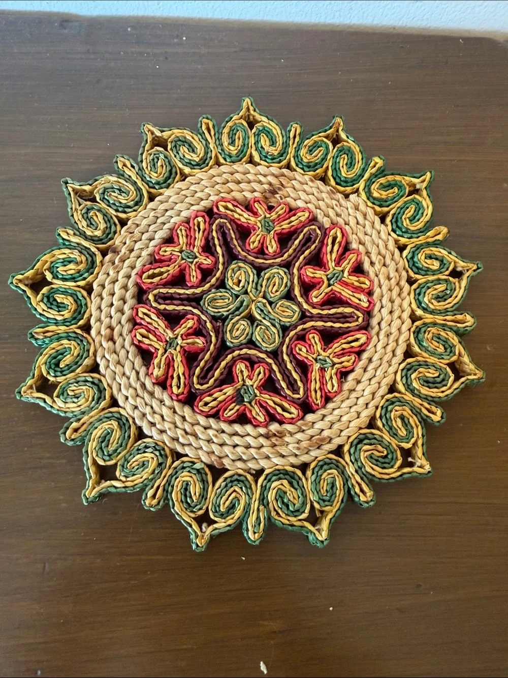 Handwoven Decorative Round Trivet — Gold, Green, Red